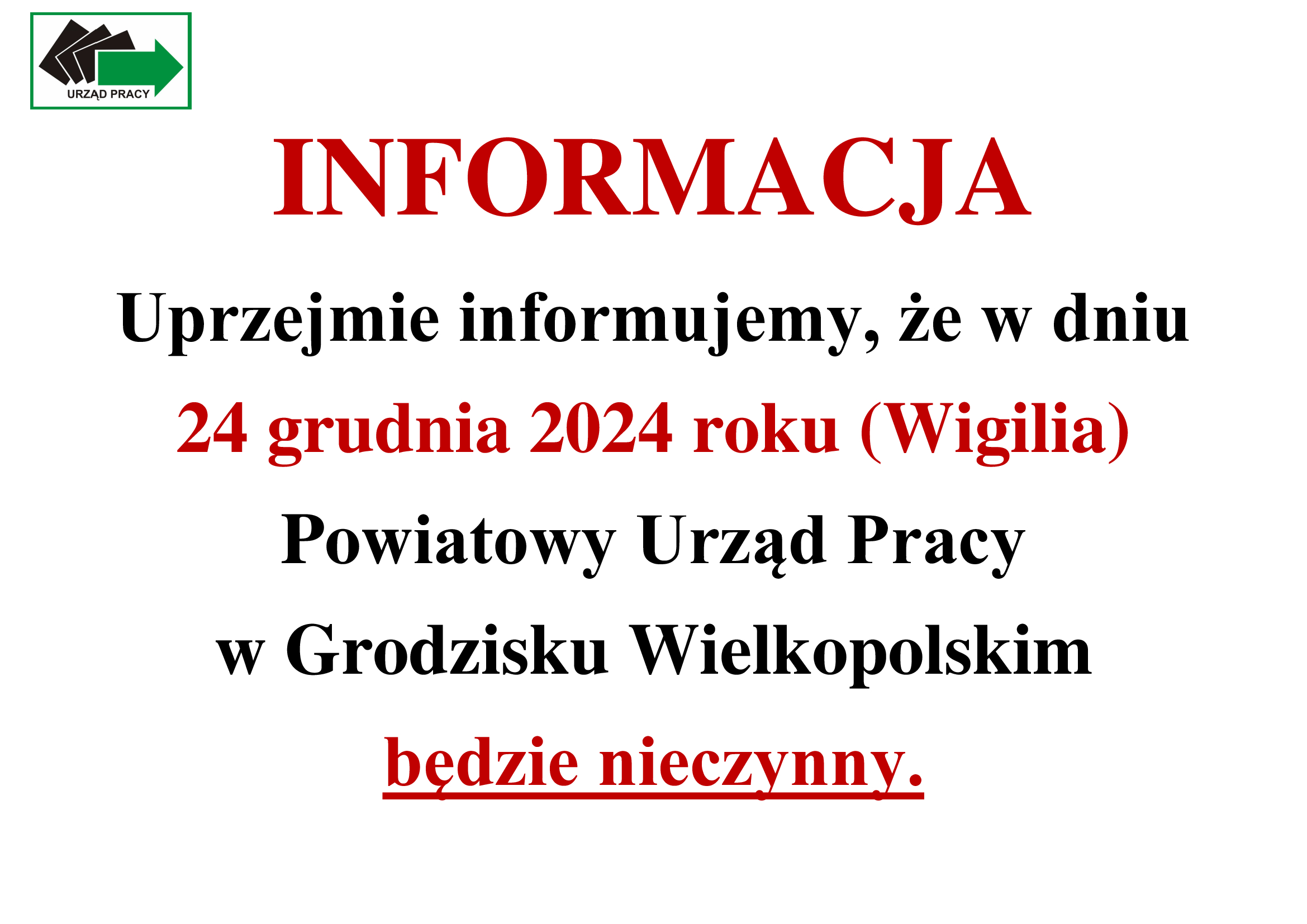 Informacja o dniu wolnym - Wigilia